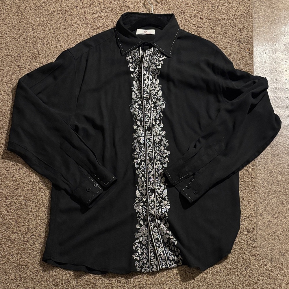 Black Embroidered Men's Casual Button Down Shirt